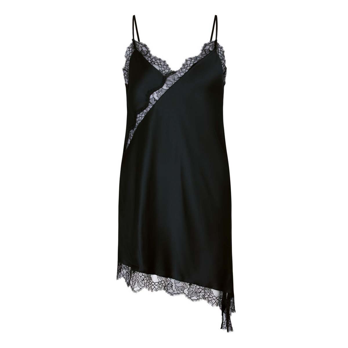 Hunkemöller Satin Lace Asymmetric natkjole, sort - 306218 - Caviar - Caviar